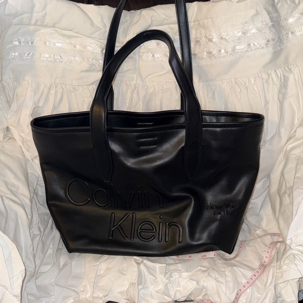 Calvin Klein Black Embossed Logo Tote with matching coin purse
